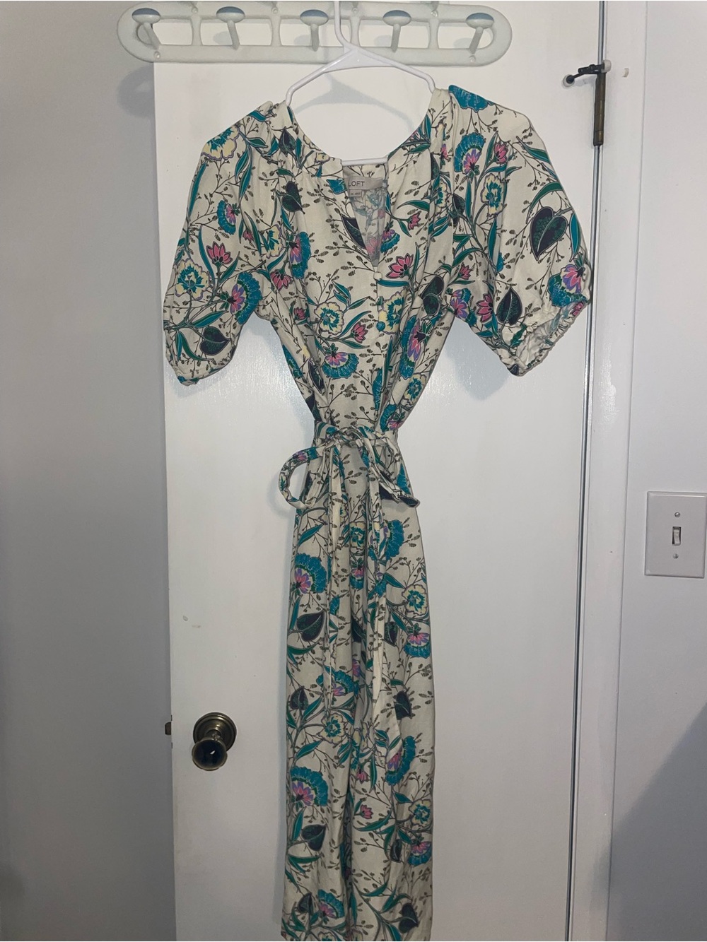 Loft Cream Floral Tie-Waist Midi Dress